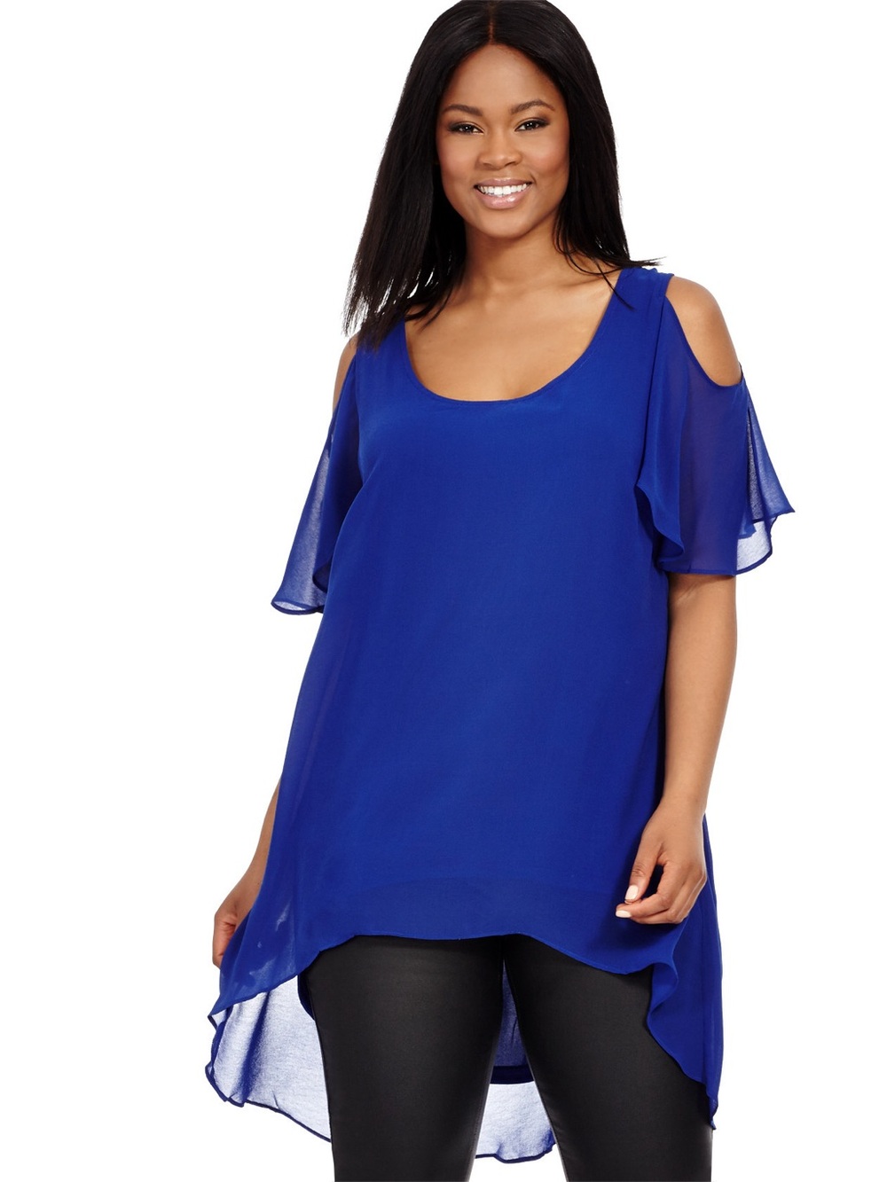 Cold-Shoulder Chiffon Tunic Top - Royal Blue